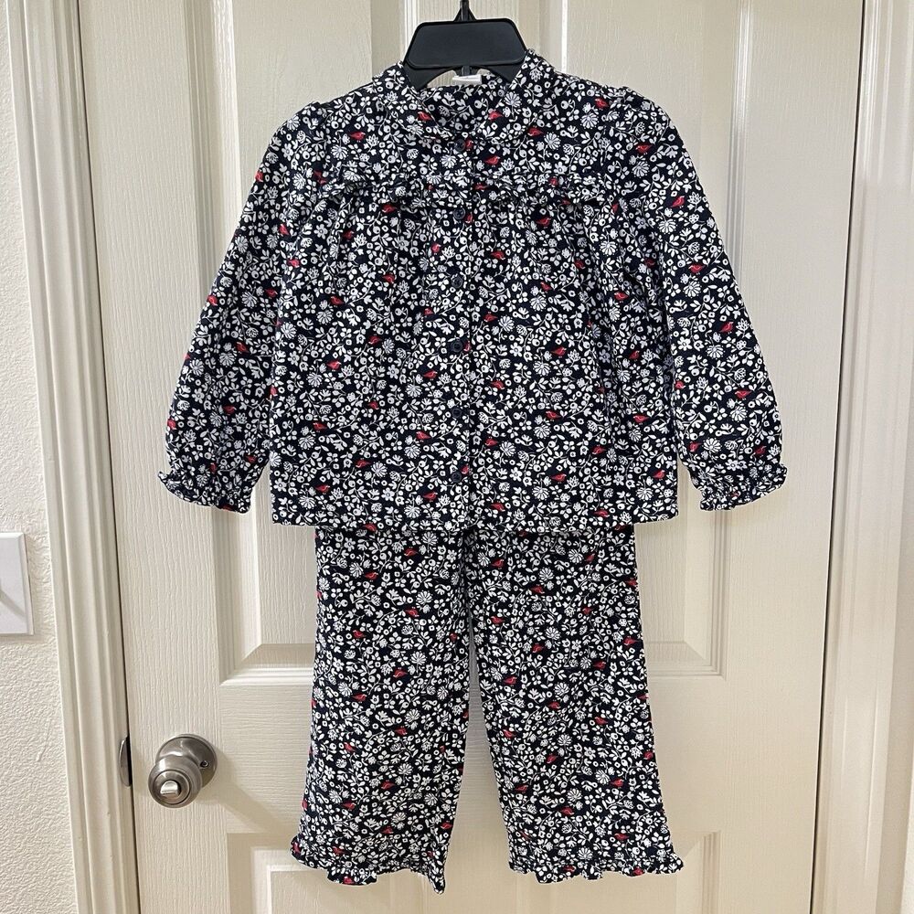 Janie and Jack Floral Bird Pajamas 2-Piece Set Top and Pants Navy Girls Size 5